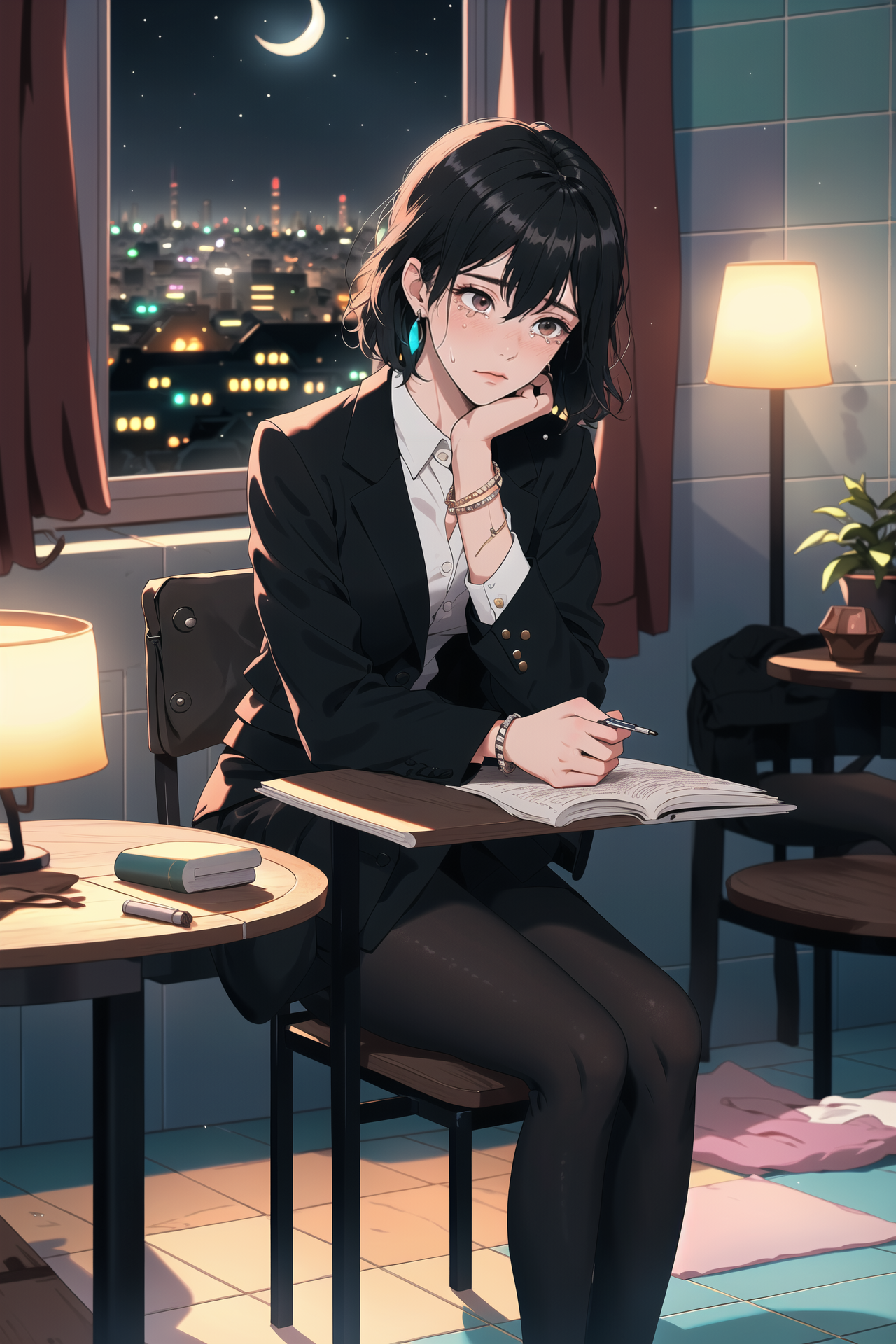 00754-1313662572-_lora_平涂赛璐璐-Flat paint style Lora_0.6_,1girl,adult,office lady,medium hair,black hair,black eyes,the girl sat on a wooden backre.png